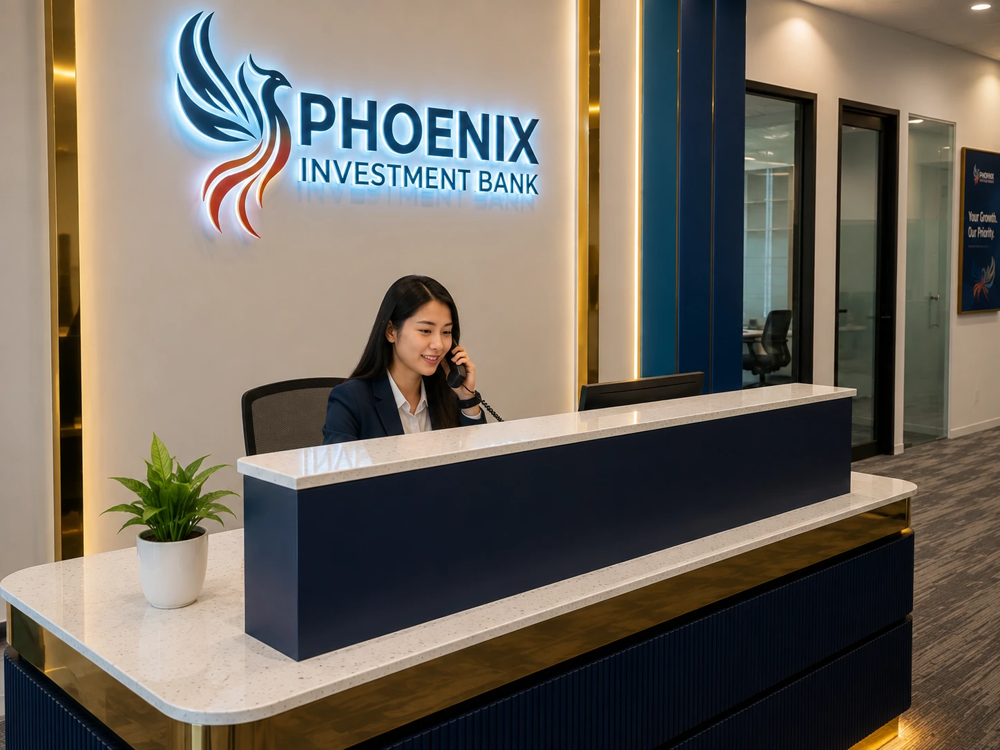 Phoenix Investment Bank reception desk and receptionist