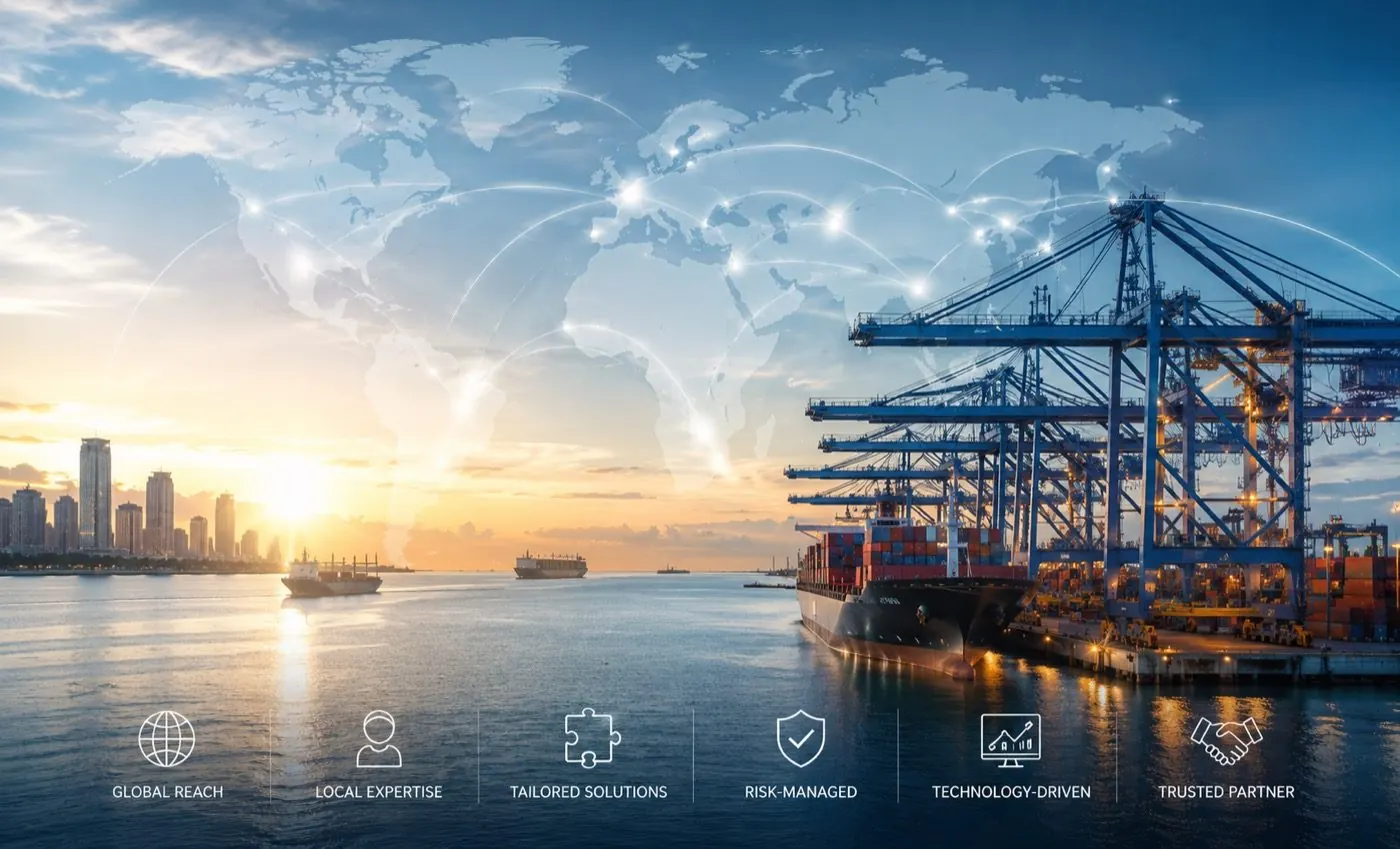 Global trade port with digital trade routes and institutional service icons