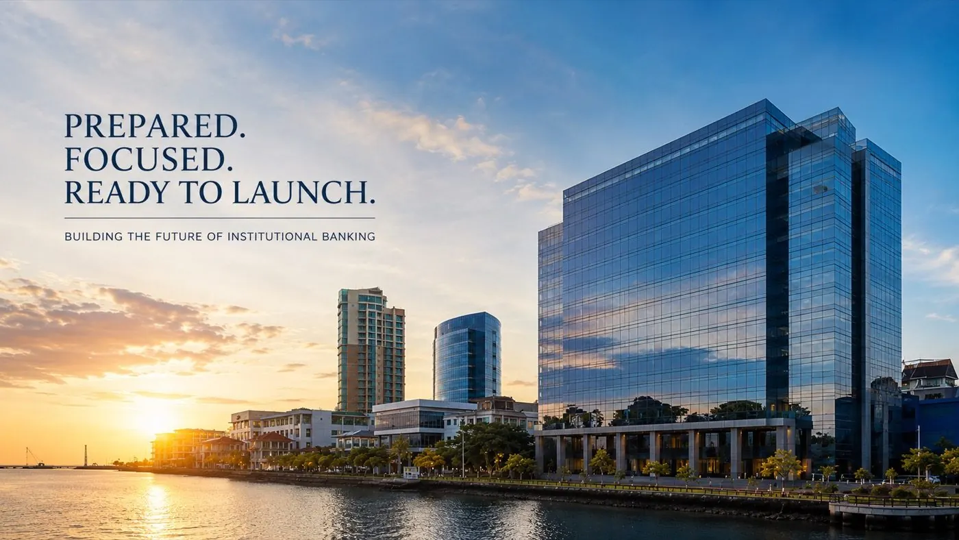 Labuan waterfront office buildings with prepared focused ready to launch text