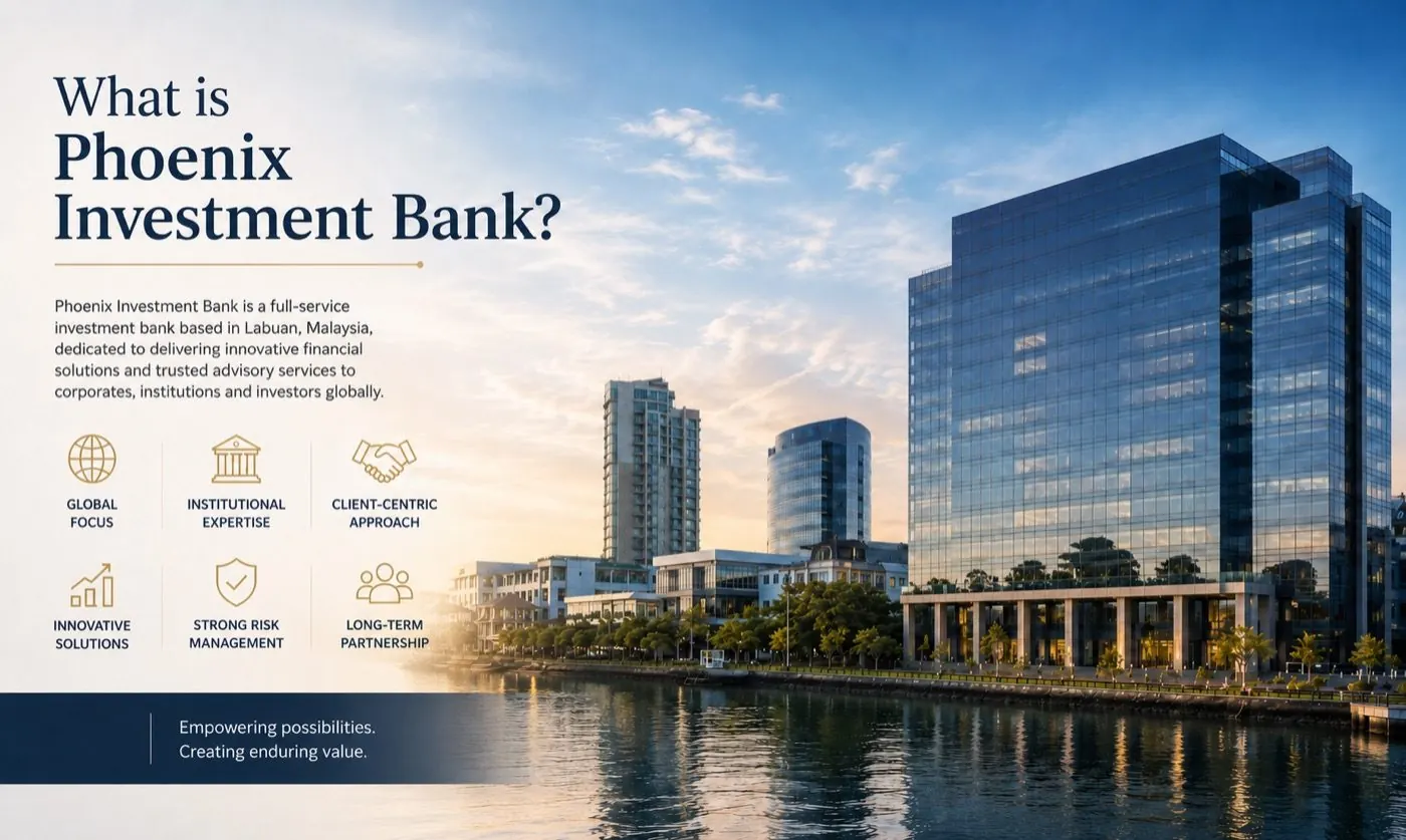Phoenix Investment Bank media Q and A graphic with Labuan office building