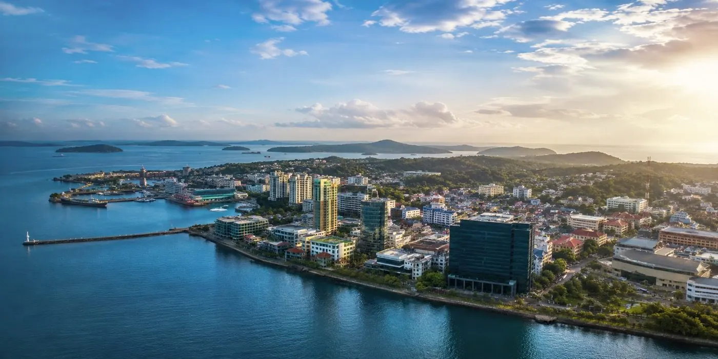 Labuan waterfront and financial district at sunrise